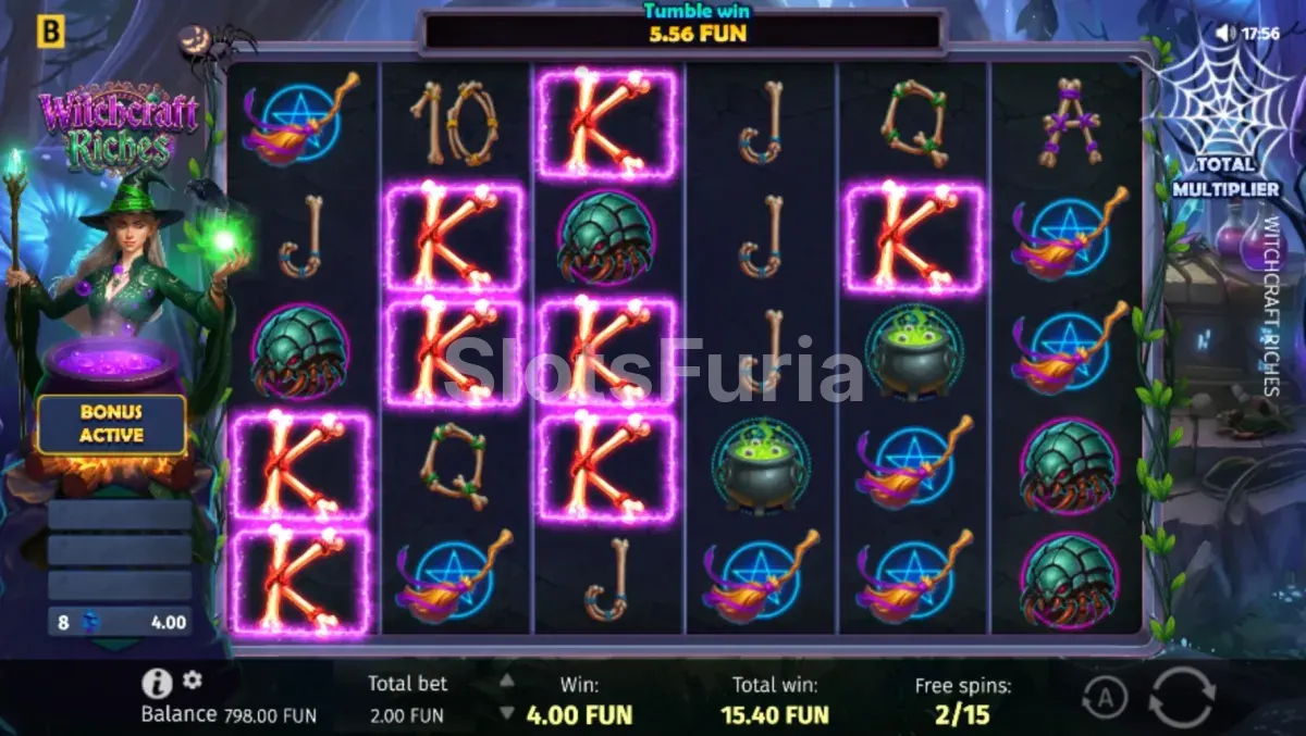 Ronda de giros gratis de Witchcraft Riches con la telaraña del multiplicador total