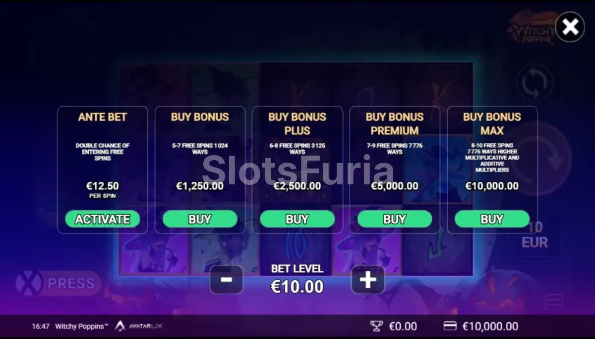 Menú de compra de cinco opciones de Witchy Poppins, tragamonedas de magia de AvatarUX