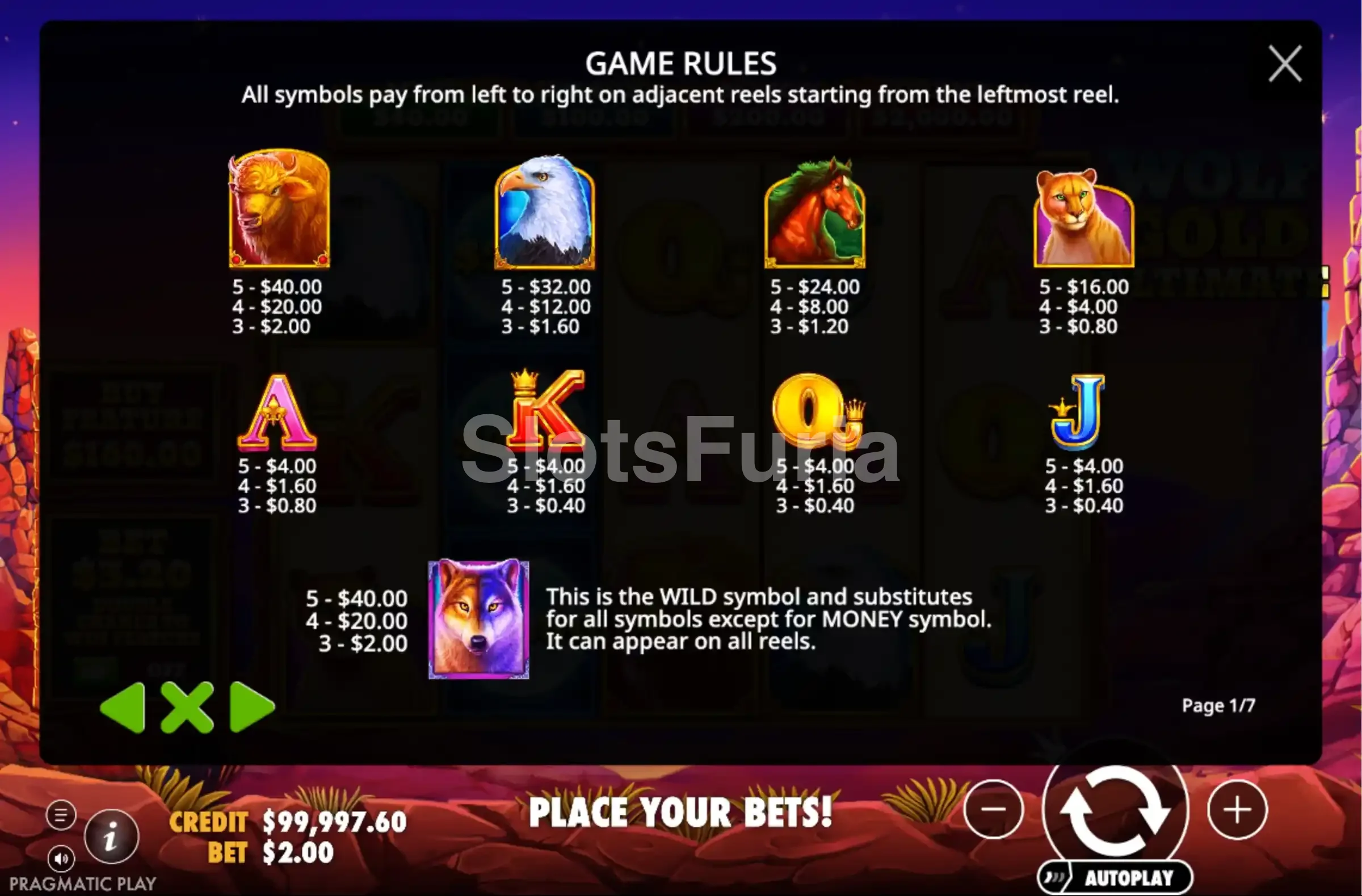 Tabla de pagos y símbolos de Wolf Gold Ultimate