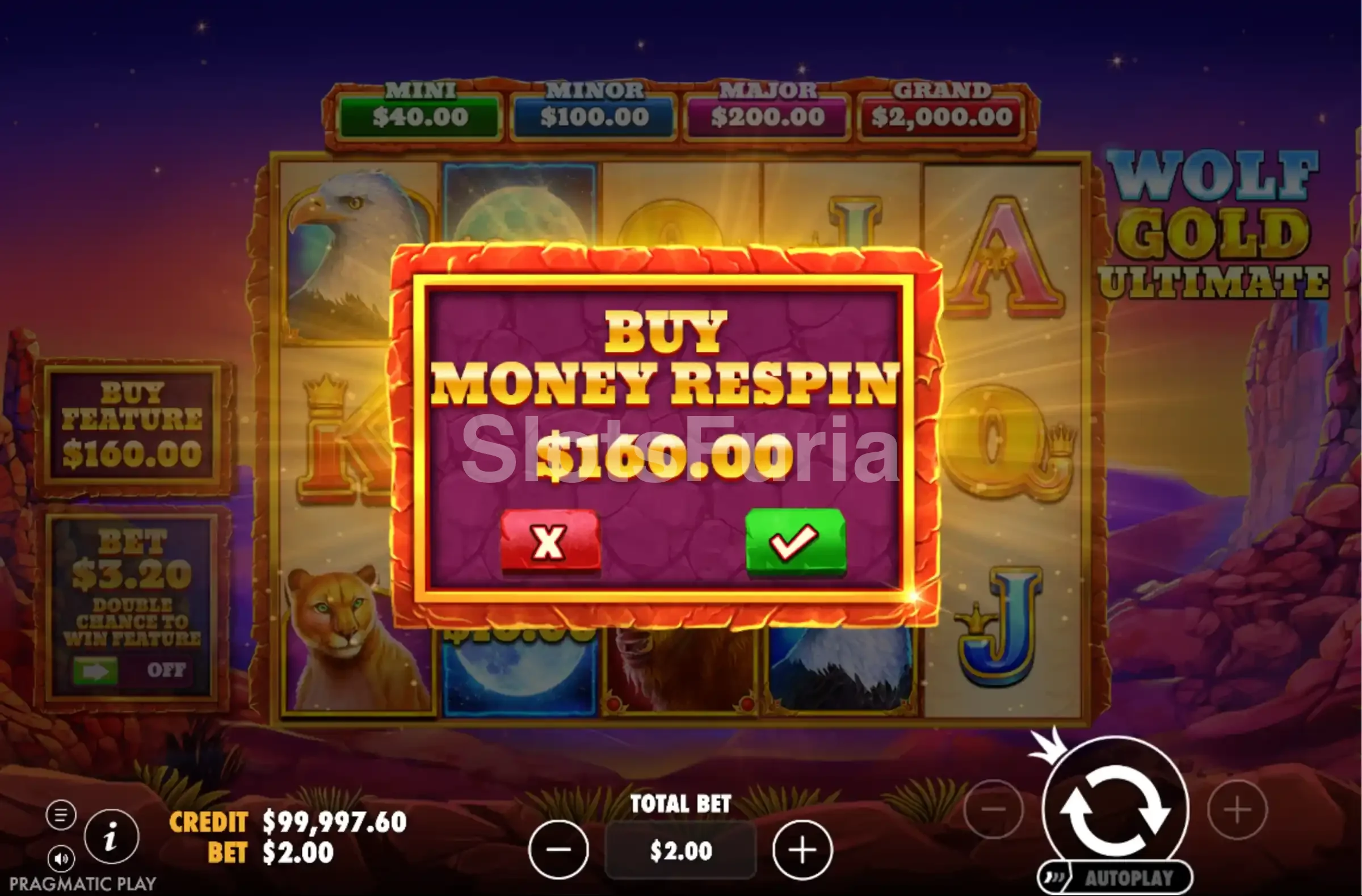 Pantalla de compra de bonus de Wolf Gold Ultimate