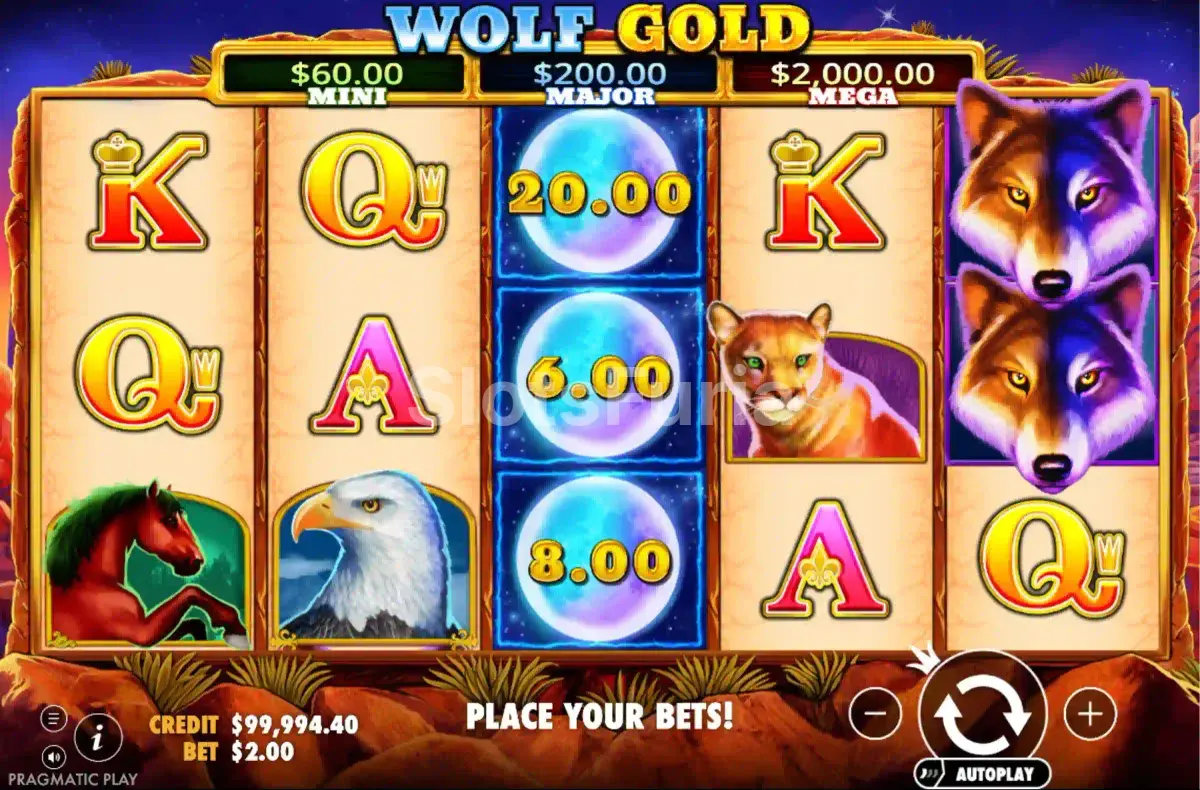 Rodillos de Wolf Gold con símbolos de luna en pantalla