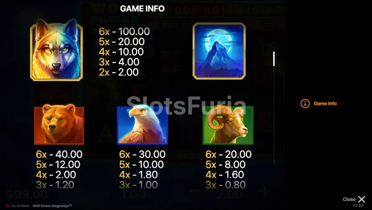Tabla de pagos completa de Wolf Power Megaways