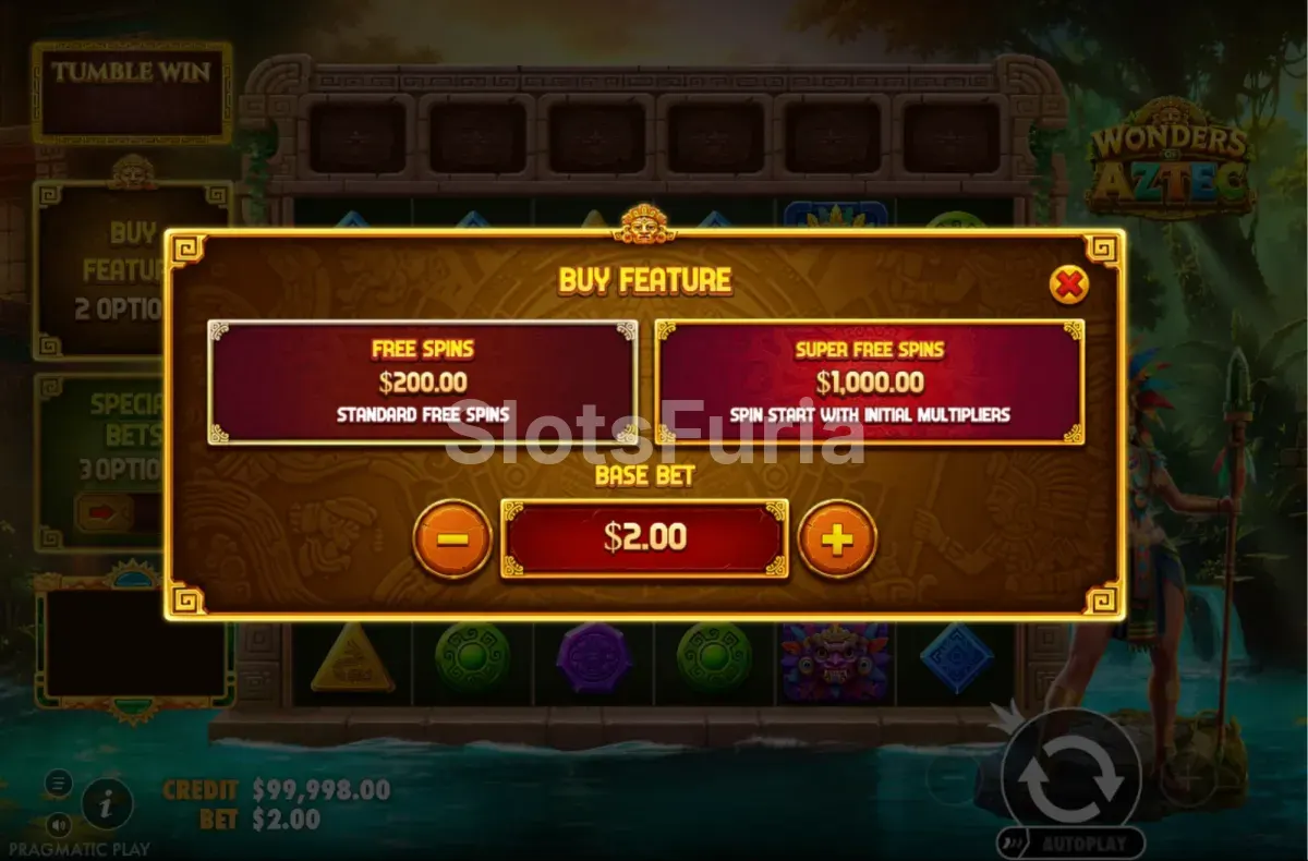 Menú de compra de bonos de Wonders of Aztec con las dos opciones disponibles