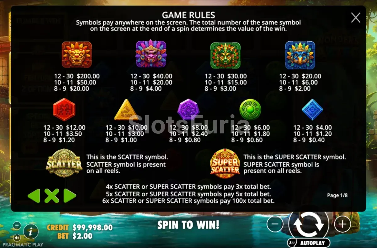 Tabla de pagos de Wonders of Aztec con símbolos bajos y máscaras