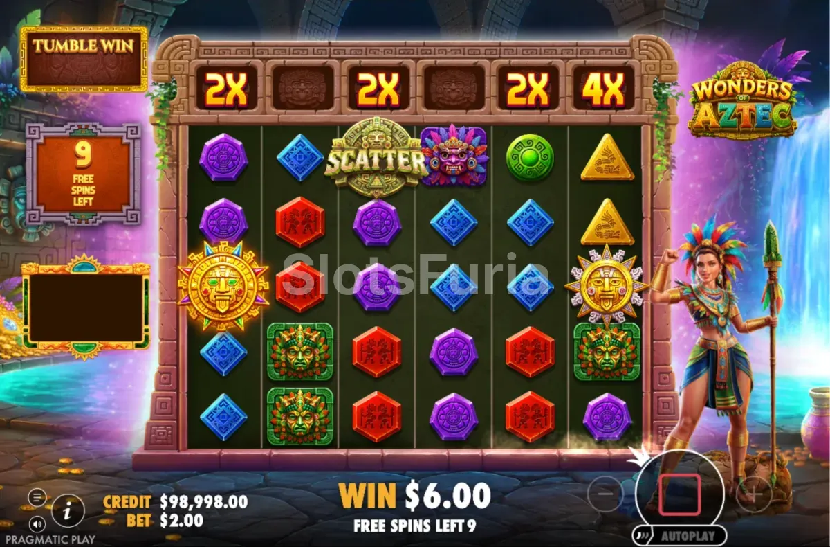 Ronda de giros gratis de Wonders of Aztec con multiplicadores sobre los rodillos