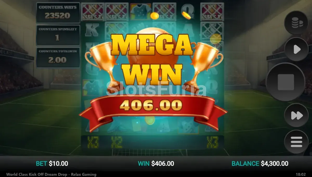 Pantalla de gran victoria en World Class Kick Off Dream Drop con multiplicador