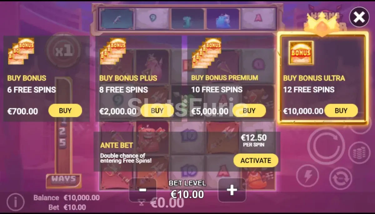 Pantalla de compra de bonus en Worms of Valor