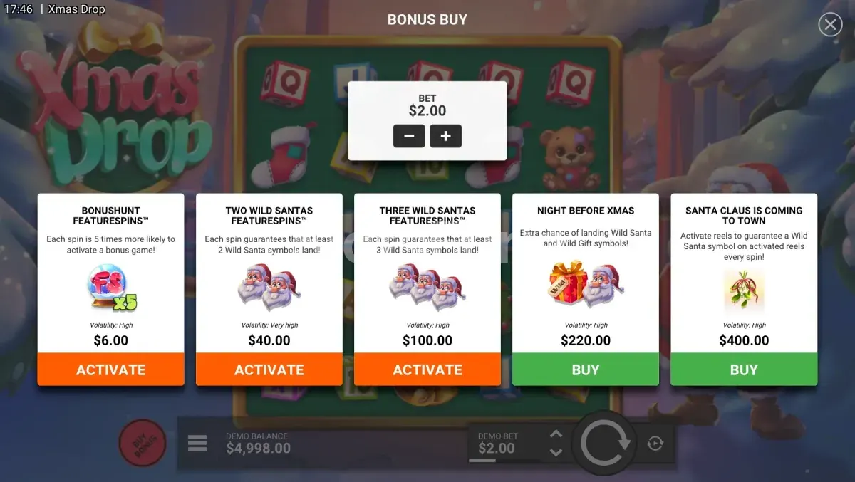 Menú de compra de bono en Xmas Drop con todas las opciones disponibles