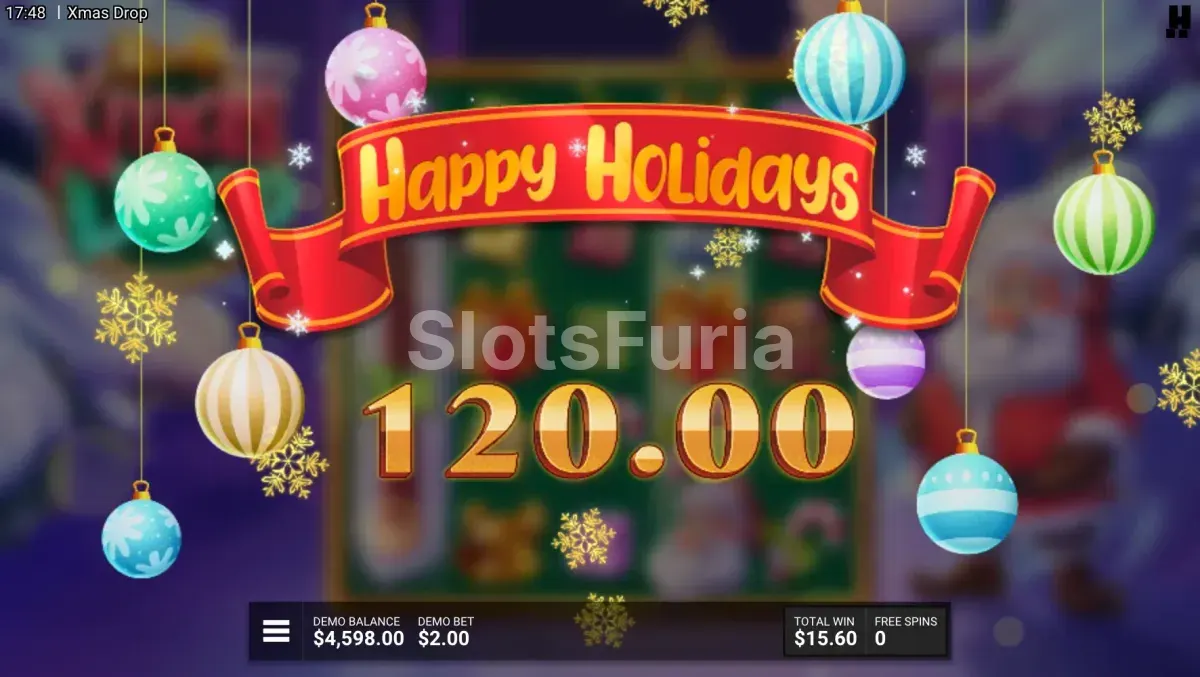 Pantalla de gran victoria en Xmas Drop con multiplicadores activos