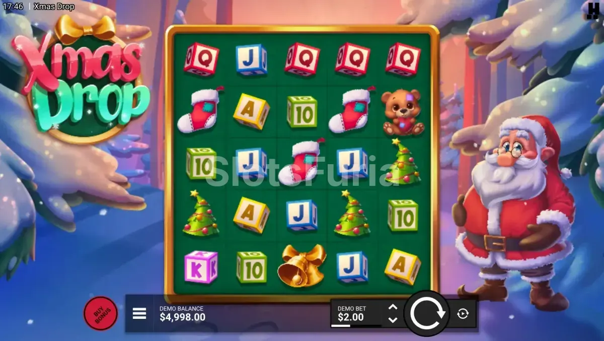 Pantalla principal del juego base de Xmas Drop con símbolos navideños