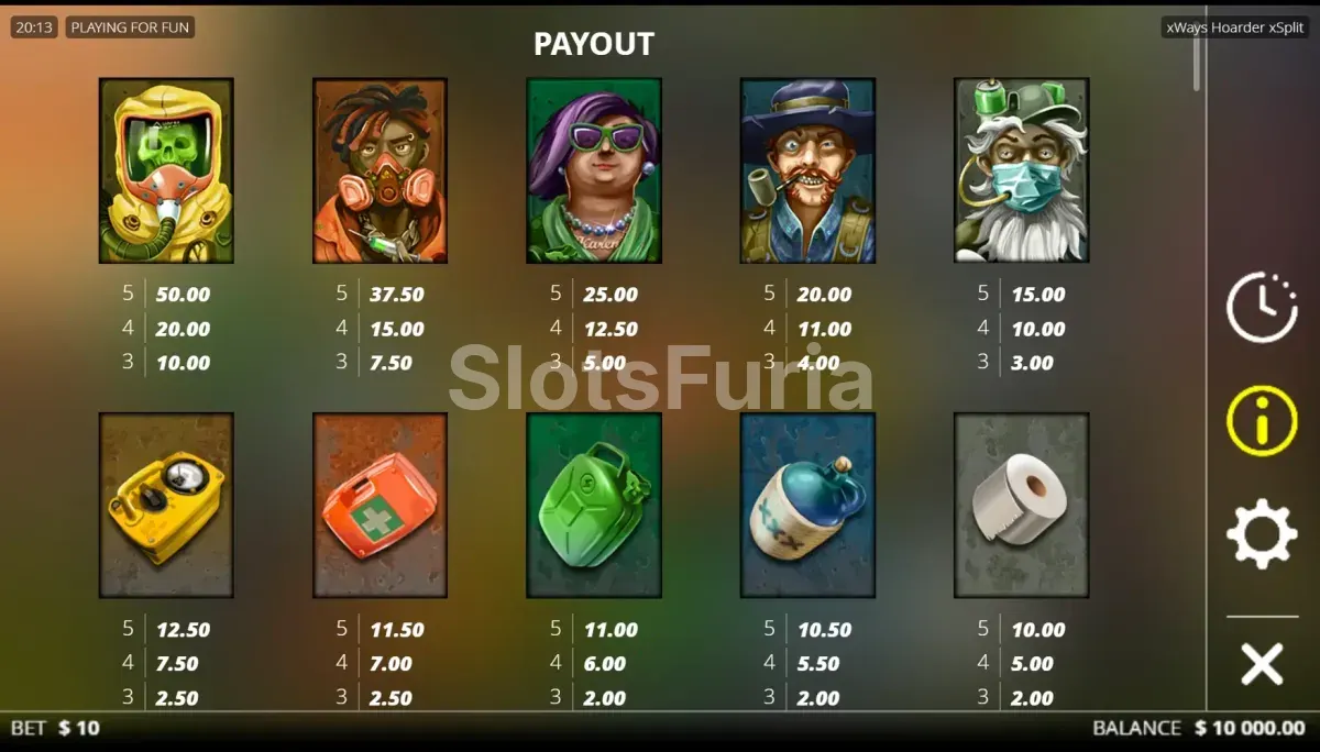 Tabla de pagos con todos los símbolos de xWays Hoarder xSplit