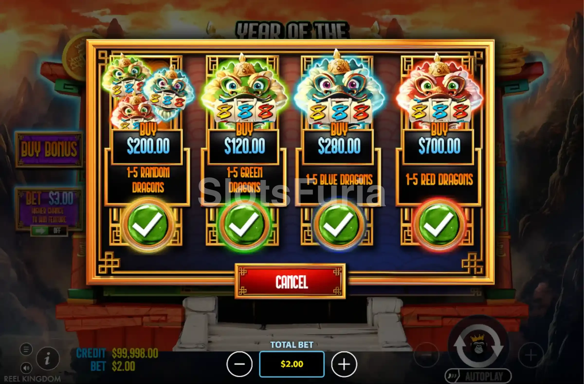 Pantalla de compra de bonos en Year of the Dragon King