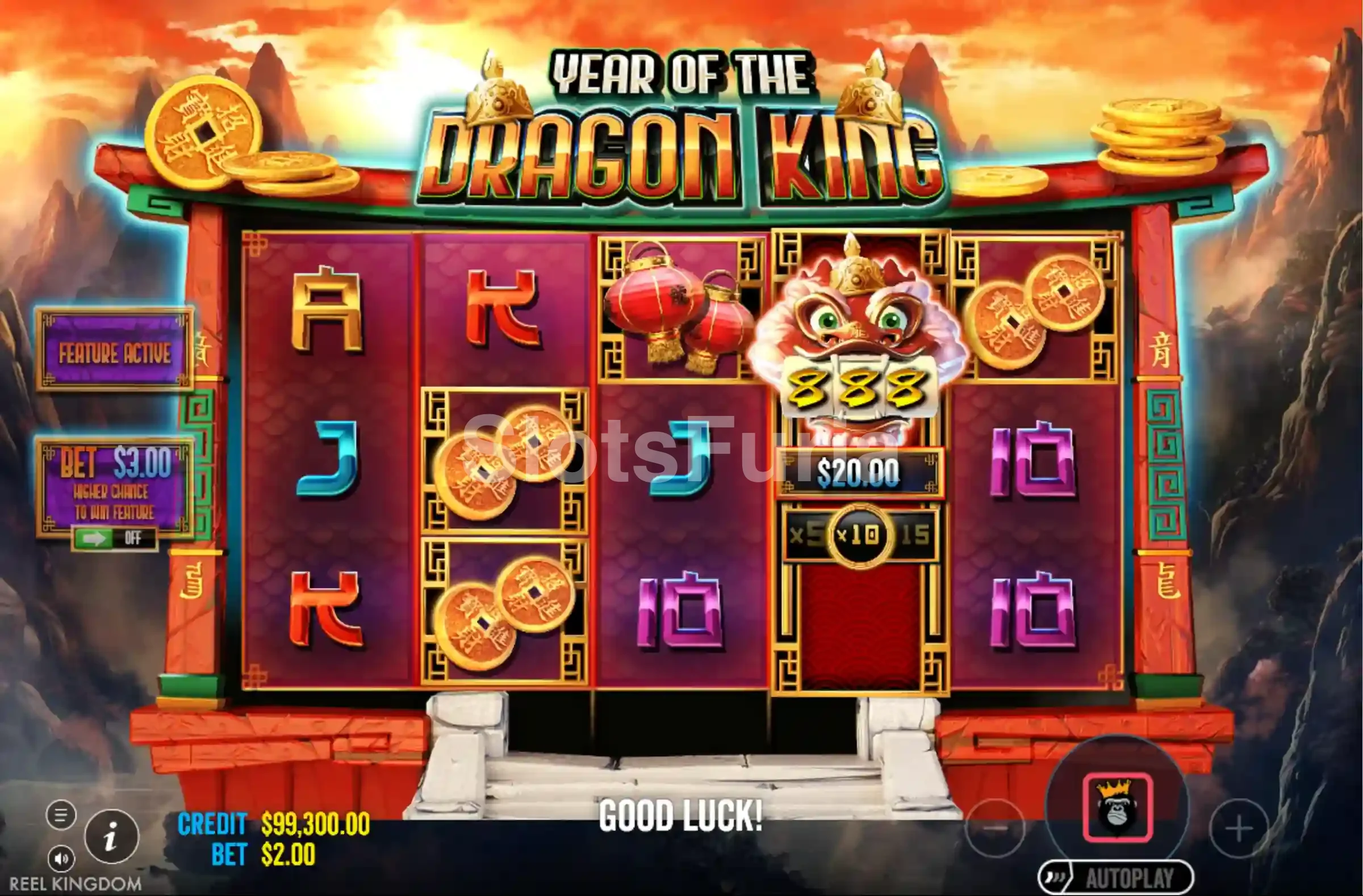 Ronda de giros gratuitos activa en Year of the Dragon King