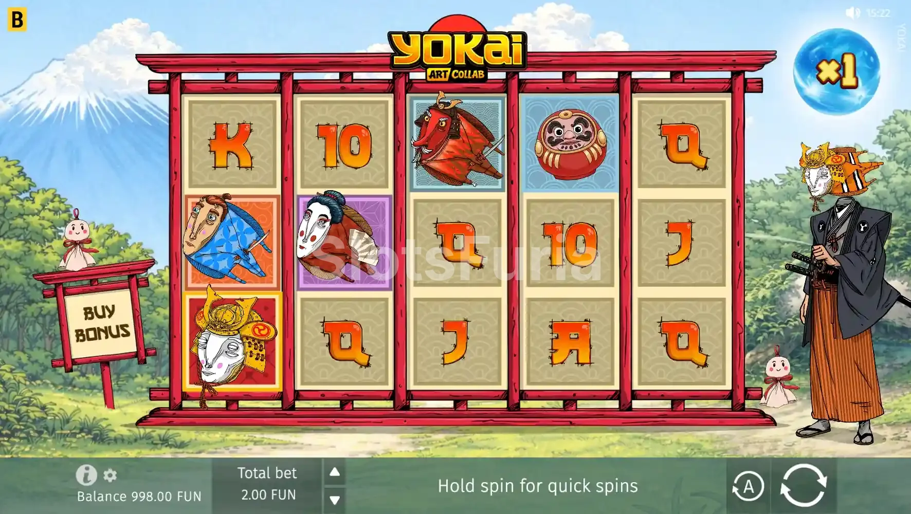 Pantalla principal del juego Yokai con sus cinco carretes y temática japonesa