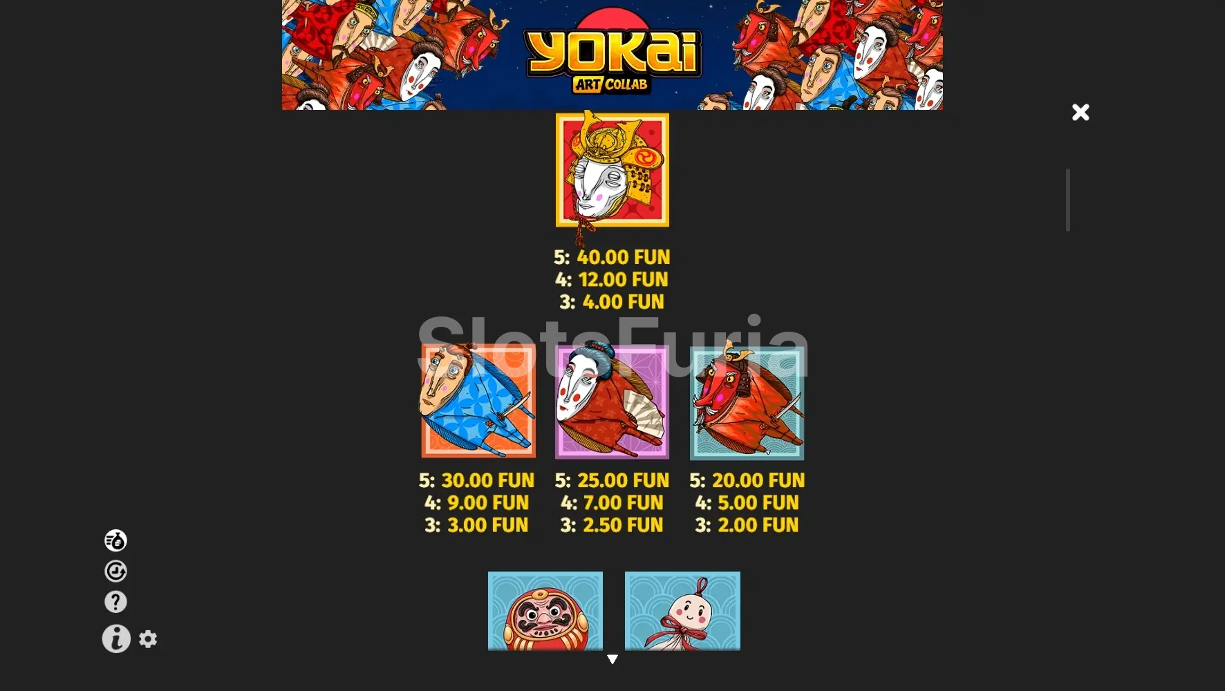 Tabla de pagos de Yokai mostrando valores de los símbolos Wild