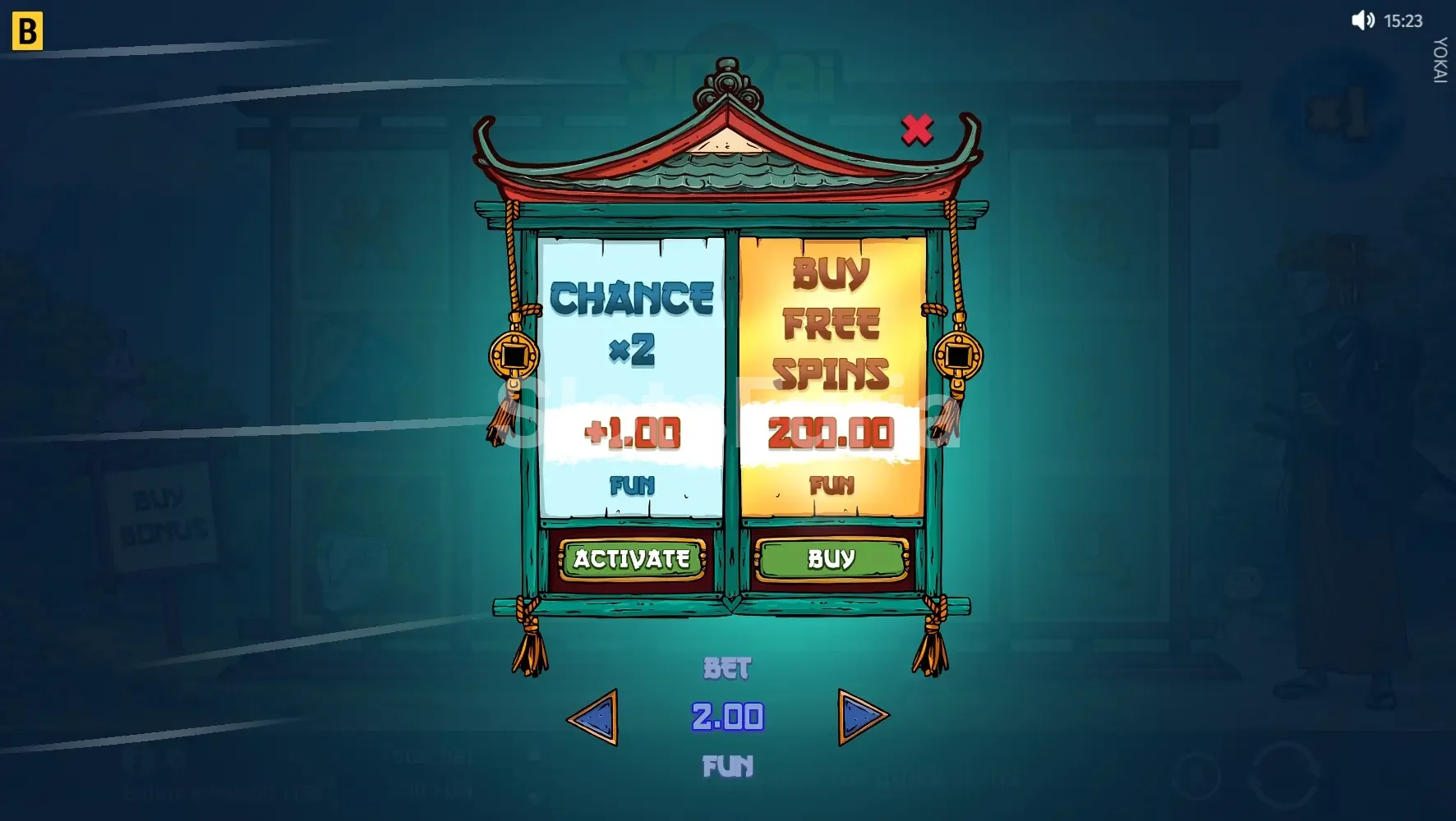 Pantalla de compra de bonus en Yokai con el coste por activación directa