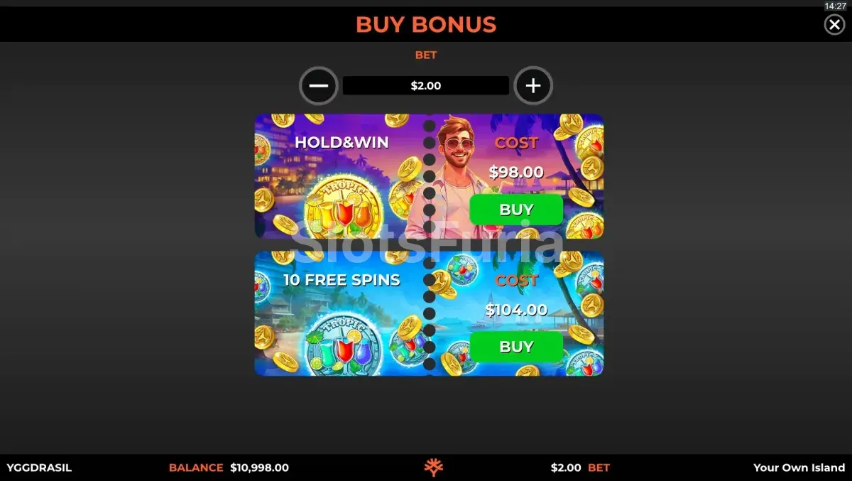 Pantalla de compra de bonus en Your Own Island de Yggdrasil