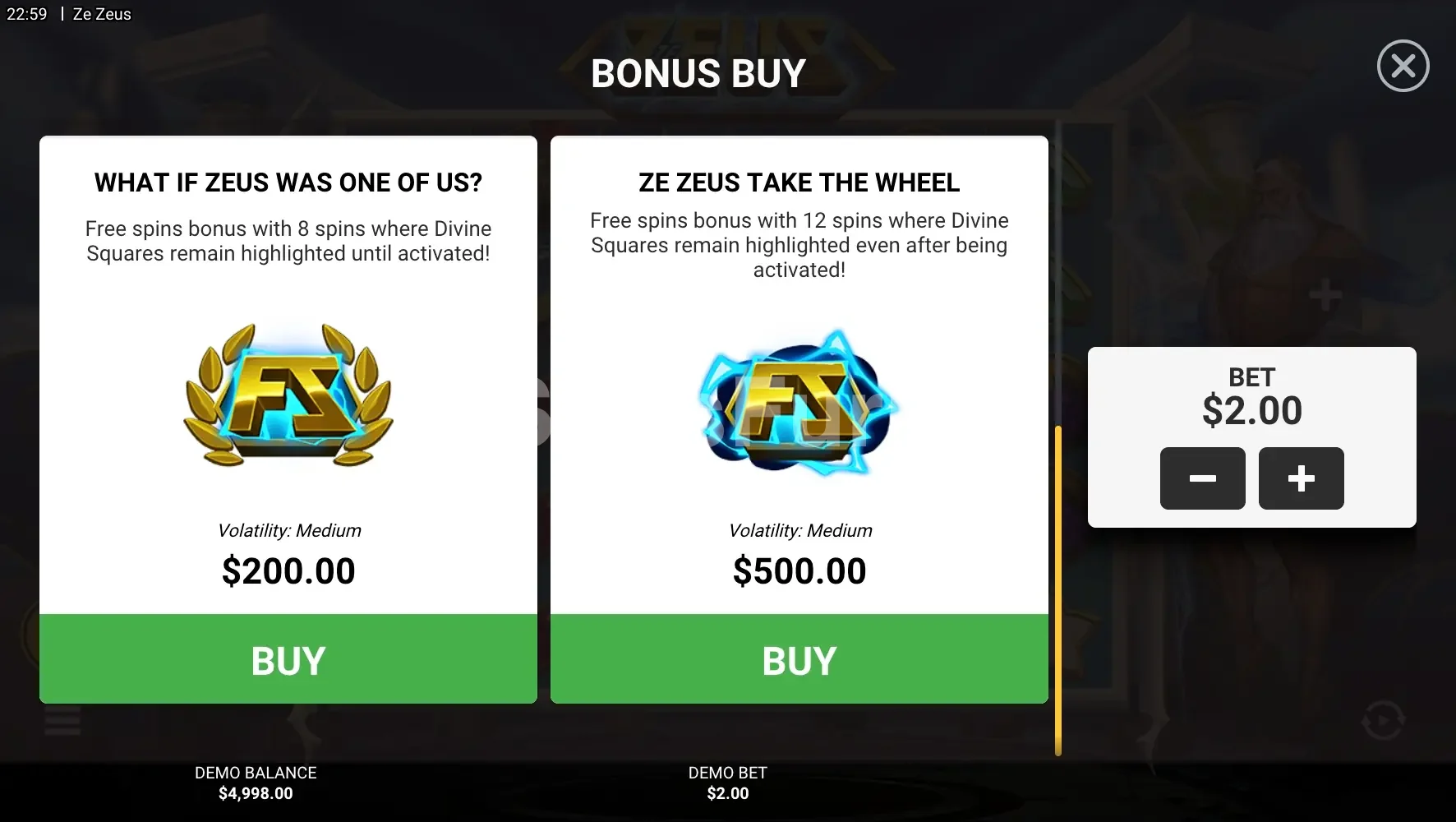 Opciones de compra de bonus en Ze Zeus de Hacksaw Gaming