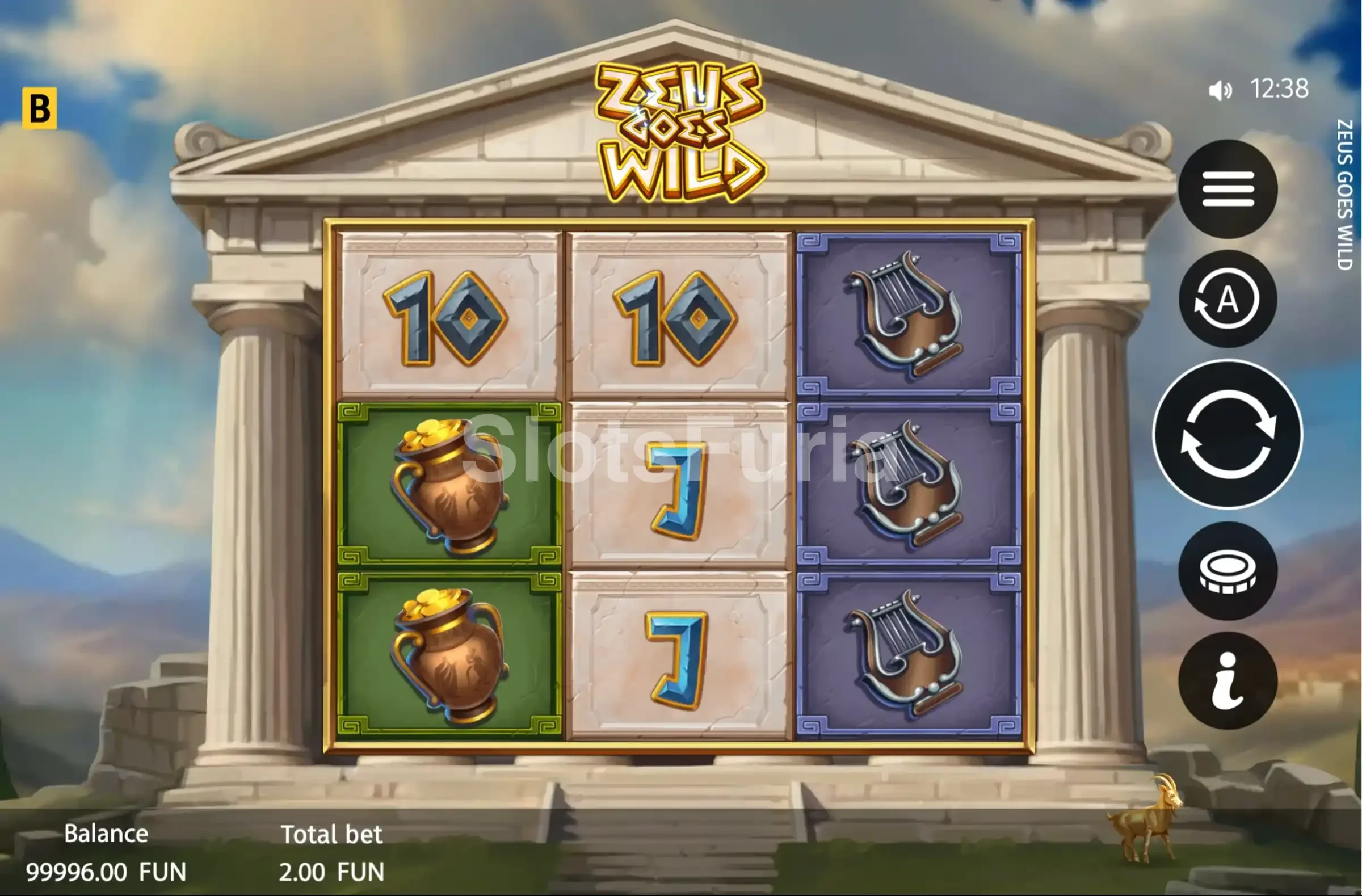 Pantalla principal de Zeus Goes Wild con los tres carretes activos