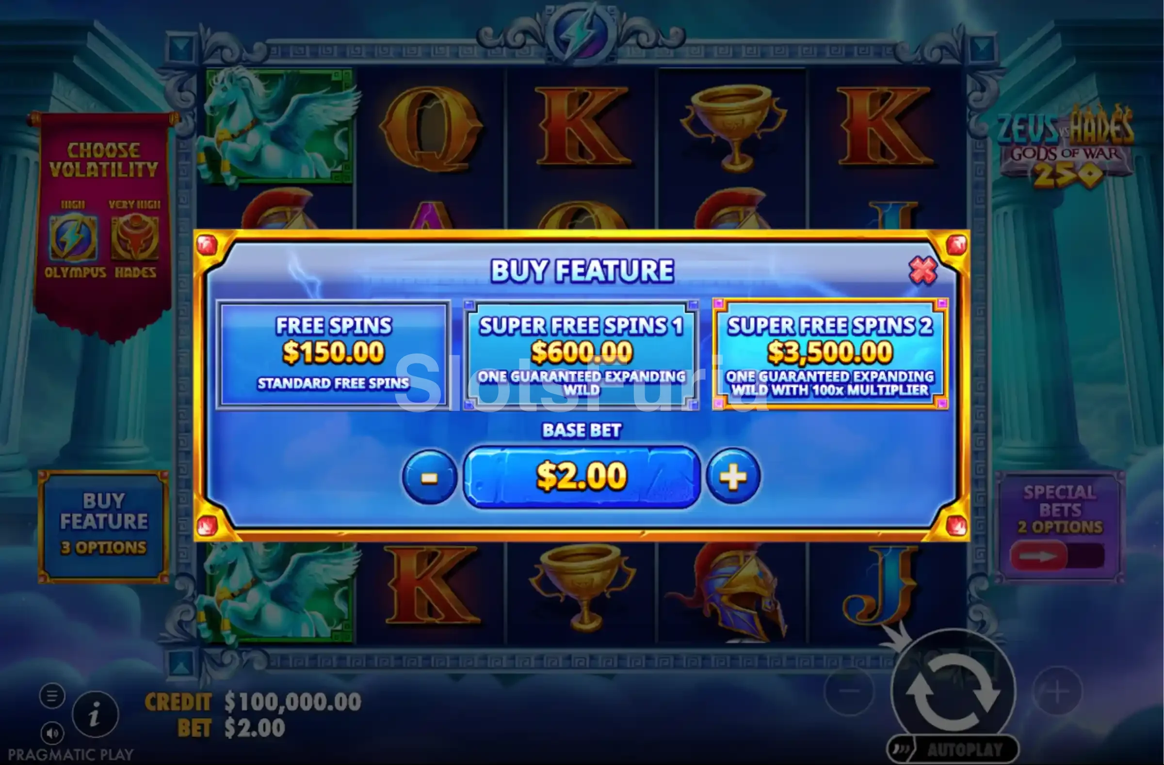 Pantalla de compra de bono disponible en Zeus vs Hades Gods of War 250