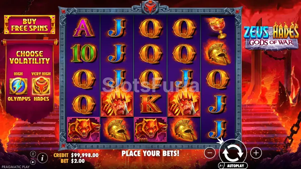 Juego base de Zeus vs Hades con la grilla de 5 rodillos por 5 filas