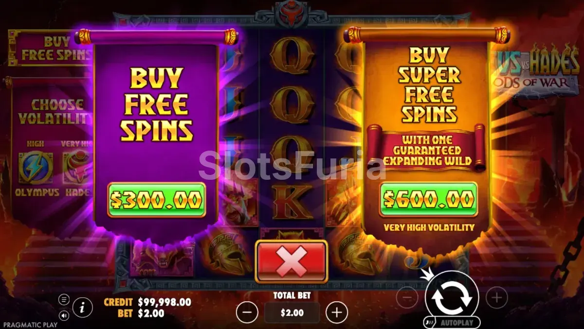 Menú de compra de bono de Zeus vs Hades con las cuatro opciones disponibles