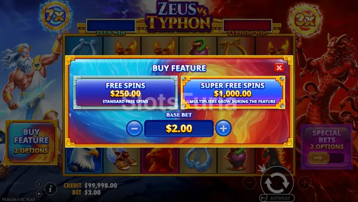 Opciones de compra de bonus en Zeus vs Typhon de Pragmatic Play