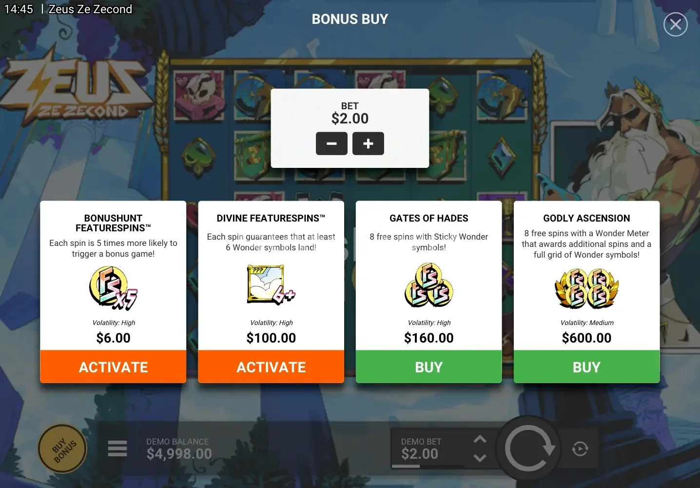 Pantalla de compra de bonos en Zeus Ze Zecond