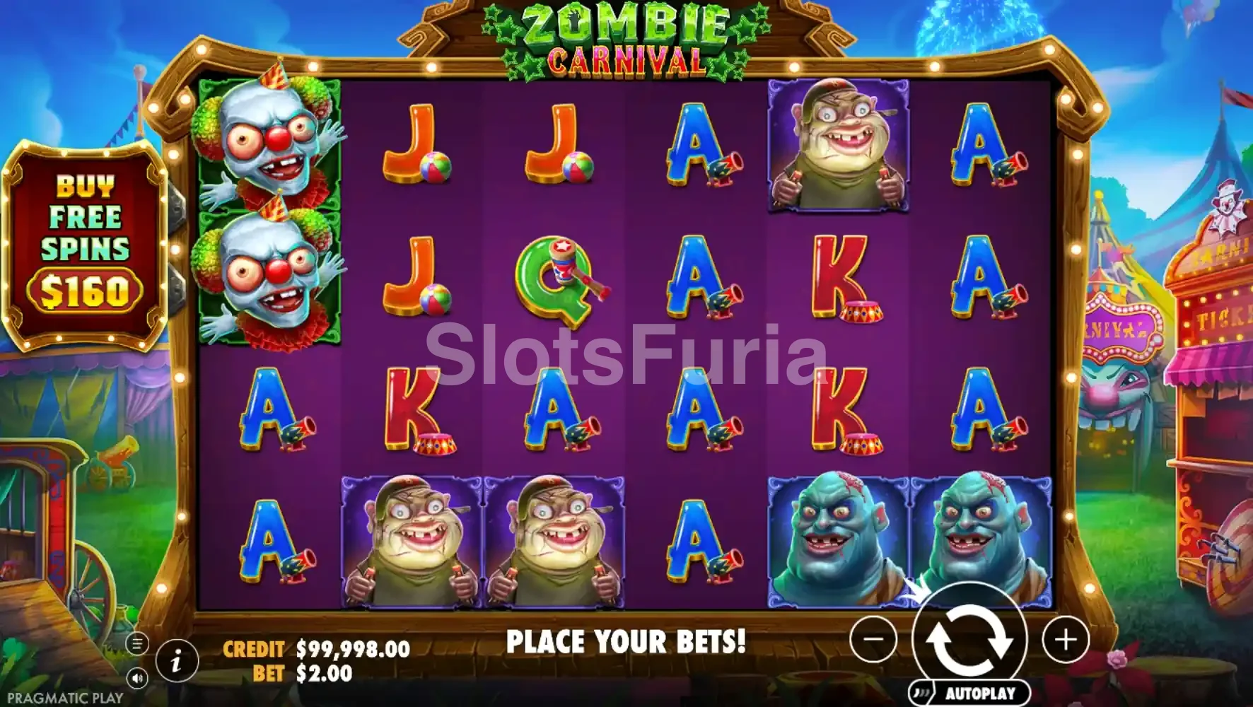 Juego base de Zombie Carnival con la grilla de 6 rodillos y 4 filas