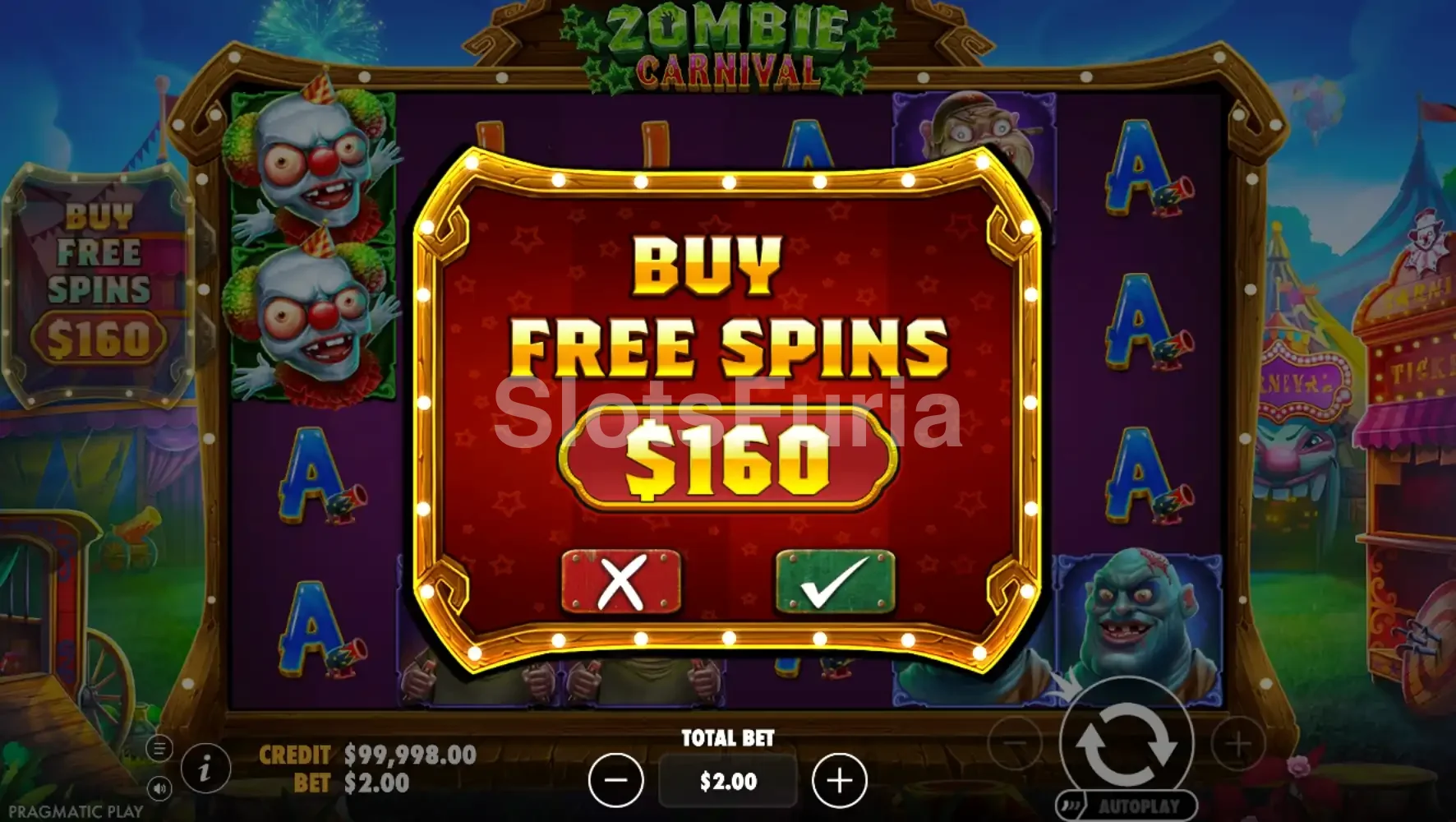 Pantalla de compra de bono de Zombie Carnival a 80 veces la apuesta
