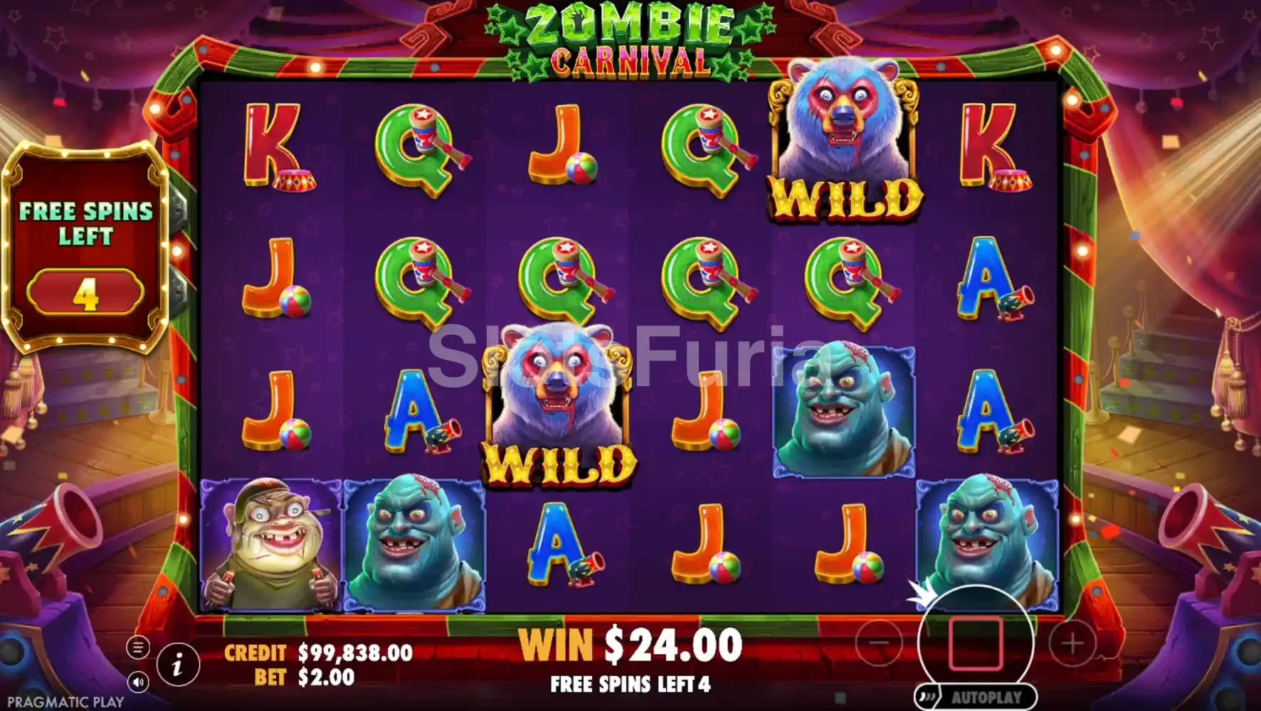 Giros gratis de Zombie Carnival con wilds pegajosos en los rodillos