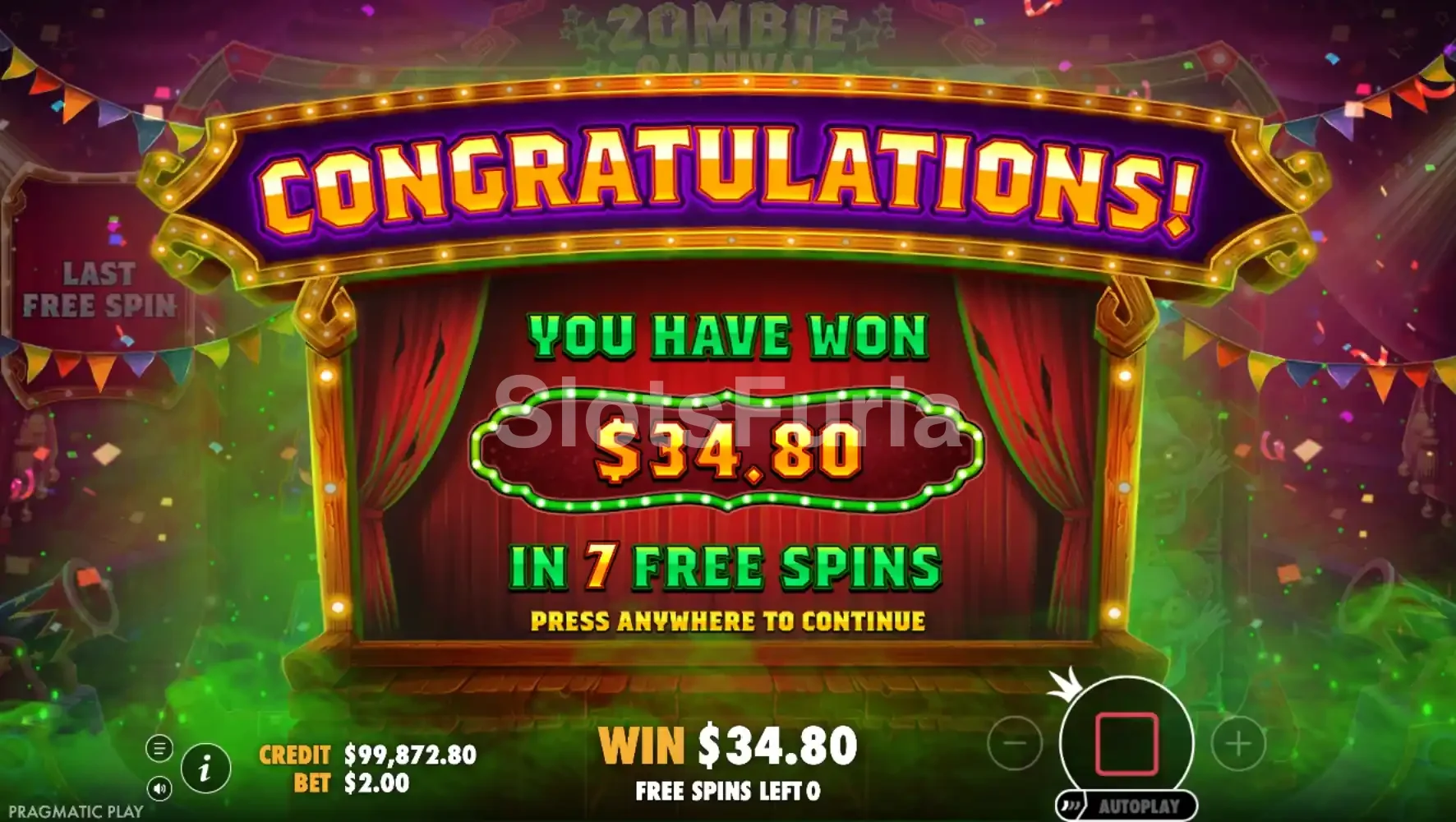 Pago alto en Zombie Carnival con varias combinaciones en la grilla