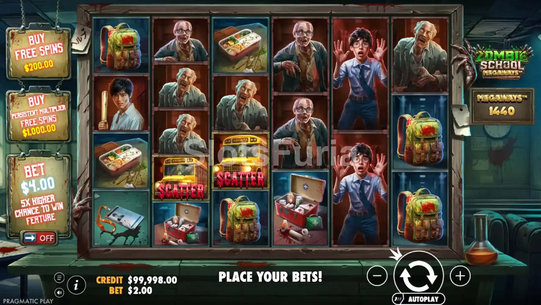 Pantalla principal del juego base de Zombie School Megaways