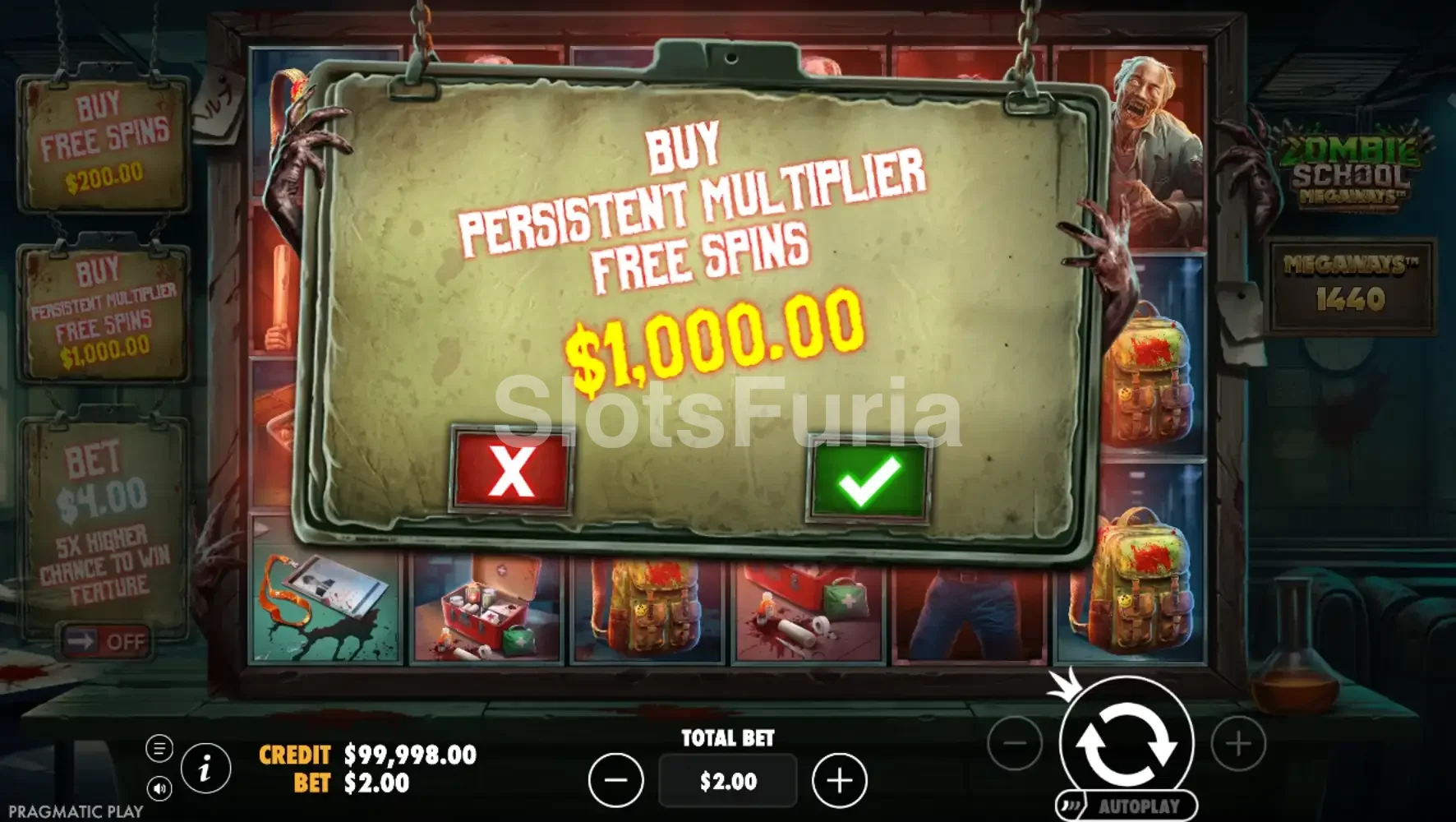 Opciones de compra de bonus en Zombie School Megaways
